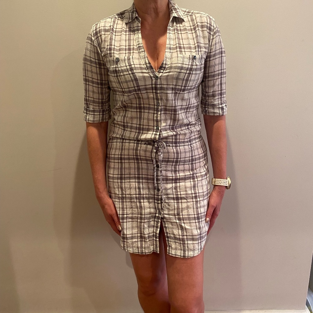 James Perse Cotton Linen Plaid Shirt Dress DrawstringWaist sz 2 (M)